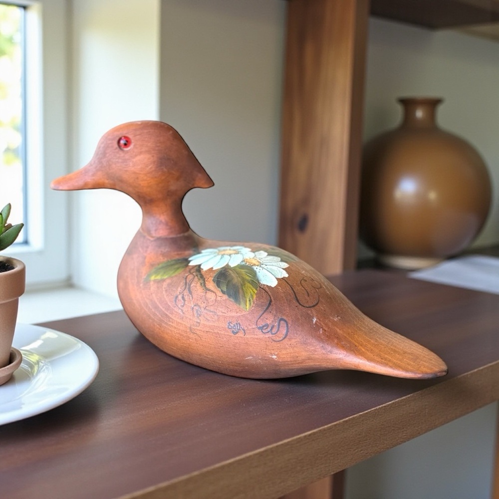 Vintage Hand-Carved Wooden Duck Decoy Folk Art Sculpture Multicolor